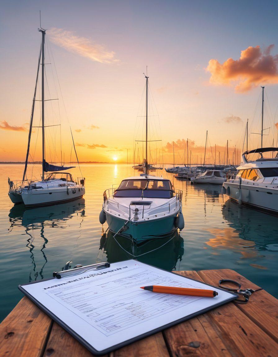 A serene marina scene featuring a luxurious yacht anchored peacefully, surrounded by crystal-clear water. In the foreground, a safety checklist is artistically displayed on a clipboard, with safety gear like life jackets and flares in vivid colors. A sunset casts a warm glow over the scene, symbolizing tranquility and safety. Include sailboats in the distance to enhance the maritime atmosphere. super-realistic. vibrant colors. 3D.